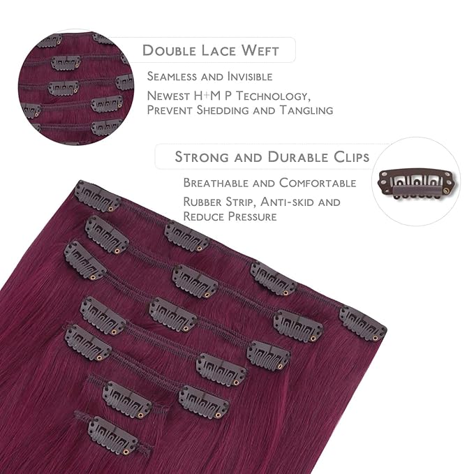 WENNALIFE Clip in Hair Extensions Real Human Hair, 20 Inch 120g 7pcs Remy Hair, Light Burgundy Straight Natural Coloured Extensiones De Cabello Humano Con Clip Ins