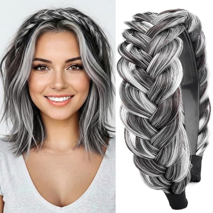 DIGUAN Wide Messy Braided Headband With Teeth Synthetic Hair Plaited Headband High Elasticity Braids Chunky Fishtail Braided Hair Band Hairpiece for Girls Women Beauty Accessory (Dark Gray)