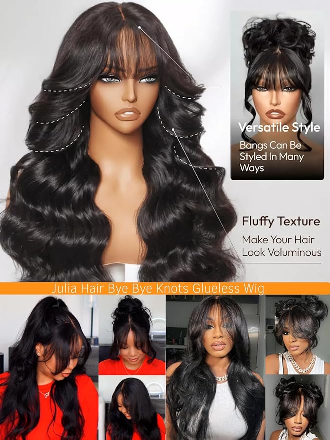 Julia Hair Bye Bye Knots Curtain Bangs Wig Glueless Fluffy Natural Loose Wave Pre Cut 7x5 HD Lace Front Wigs Invisible Pre Plucked Pre Everything Body Wave Put on and Go Wig for Women 16 Inch