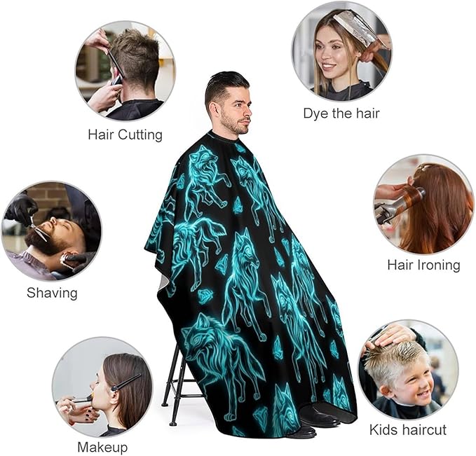 Adjustable Salon Cape, Dyeing Salon Apron Cool Cyan Wolf Art Shampoo Cutting Household Capes Wrap for Hair Dye