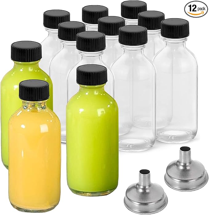 DIDITIME 12 Pack 2 oz Small Clear Glass Bottles with Lids & 2 Funnels - 60ml Boston Round Sample Bottles for Potion, Juice, Ginger Shots, Oils, Whiskey, Wellness Shots, Mini Travel Bottles