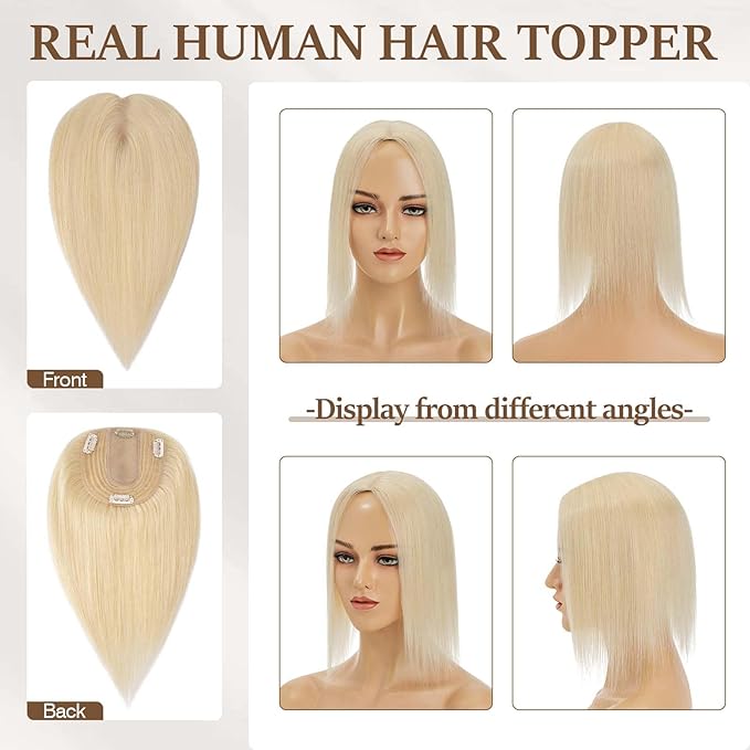 Rich Choices Hair Toppers for Women Real Human Hair 100% Human Remy Toppers NO Bangs for Women with Thinning on Top Clip in Hairpiece 4"x4.7"Lace Base 10 Inch #613 Bleach Blonde