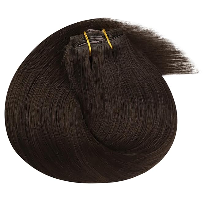 Ve Sunny Clip in Human Hair Extensions Dark Brown Clip in Hair Extensions Real Human Hair Soft Real Hair Extensions Clip in Human Hair Natural Look 120g 7pcs 18inch