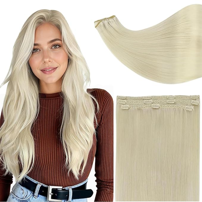 Full Shine Hair Extensions Clip in 14 Inch Hair Clip in Extensions Invisible Platinum Blonde Human Hair Short Extensions for Women Softness with Lace Weft 3 PCS 60 G