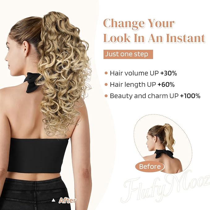 Flufymooz 100％ Pure Protein Ponytail Extension, 18 Inch Curly Claw Clip Ponytail Hair Extensions Natural Soft pony tail hairpiece for women-Ash Brown