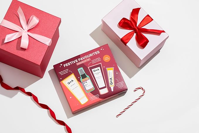 Q+A Festive Favourites Gift Set, containing a Hyaluronic Acid Moisturiser (75ml), an Oat Milk Cream Cleanser (75ml), an Azelaic Acid Serum (30ml), and a Caffeine Eye Serum (15ml)