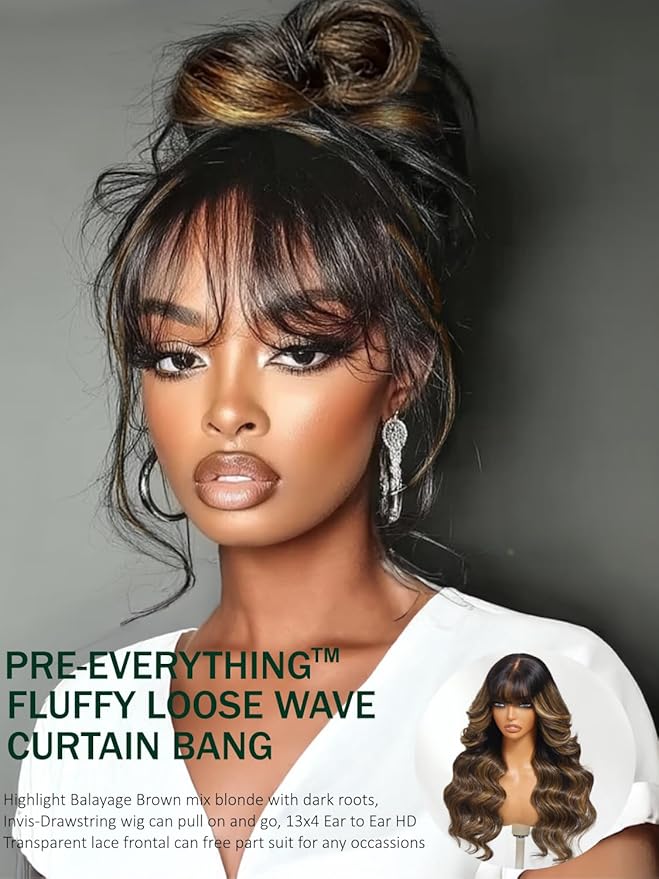 KLAIYI Ombre Brown Loose Body Wave Bye Bye Knots Glueless Precut 7x5 HD Lace Front Human Hair Bang Wig Drawstring Highlight Balayage Brown Pre Plucked Bleached 30S Ready to Wear and Go Wig 180% 20Inch