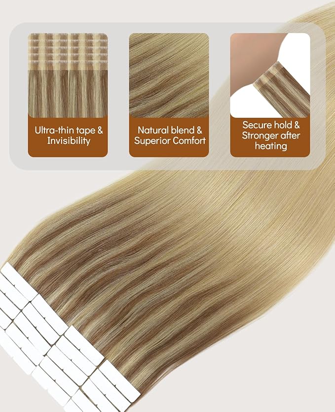 VINBAO Invisi Edge Tape in Hair Extensions Ash Blonde Highlights Blonde Balayage Injection Tape in Human Hair Extensions Natural Cheveux Humain 45g 20pcs 16inch #10/16/16