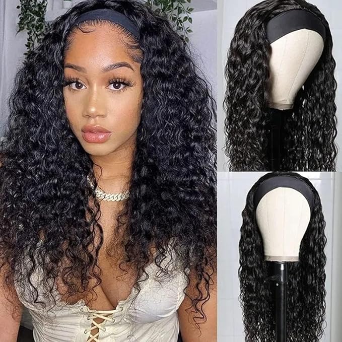 KLAIYI Headband Human Hair Wig Water Wave Curly Non Lace Front Wigs for Black Women Deep Wave Glueless Wear and Go Half Wig with Band 30S Ready to Wear Beginner Friendly 180% Natural Hairline 16Inch