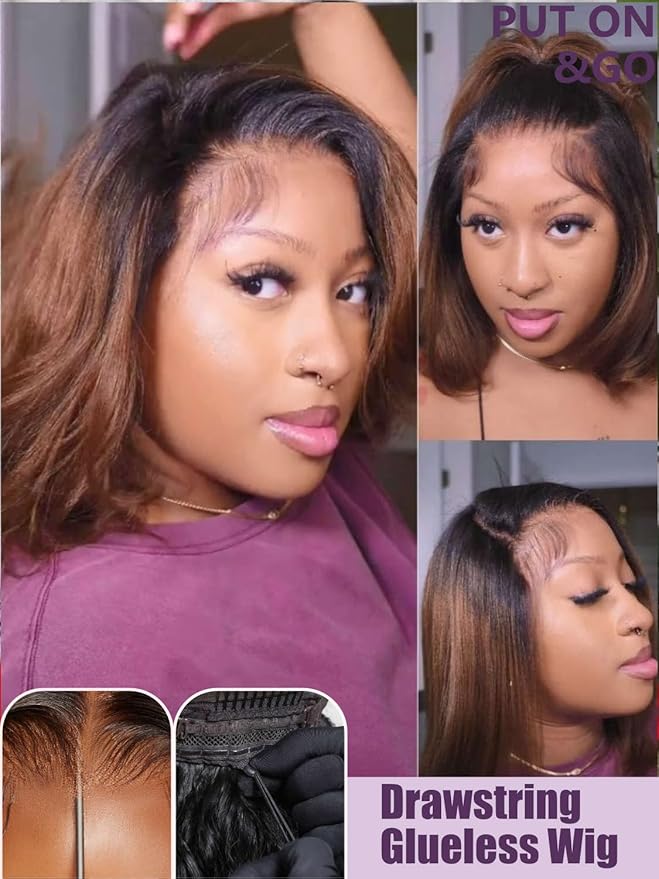YIROO Chestnut Brown Ombre Yaki Straight Bob Wig Human Hair, 13x4 Lace Front Glueless Wig with Drawstring, Pre Everything Pre Cut Pre Plucked Pre Bleached Knots Natural Hairline Short Bob Wig 10Inch