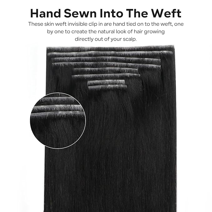 Injected Clip in Hair Extensions Real Human Hair Invisible Hand-Tied Weft Hair Extensions Clip in Human Hair Straight Seamless Clip ins for Women 8Pcs 120g 18inch #1B Natural Black