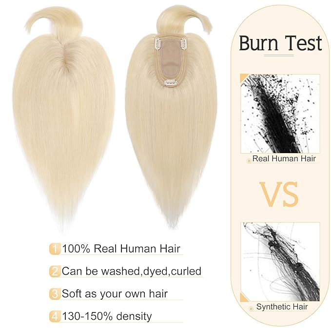SEGO Hair Toppers for Women Real Human Hair With Bangs, 7 * 13CM Silk Base 100% Remy Human Hair Clip in Top Wiglet Hairpieces Add Volume -12 Inch 60 Platinum Blonde