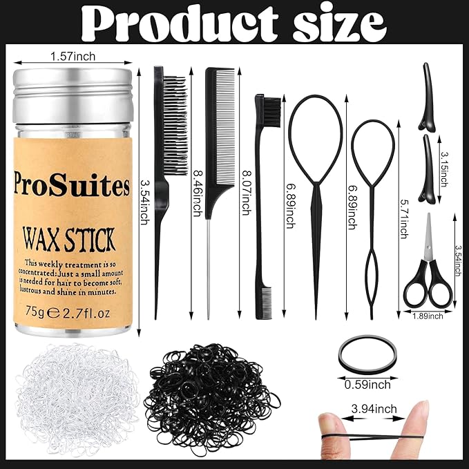 Slick Back Hair Brush with 1000pcs Hair Rubber Bands,Hair Wax Stick,Elastic Hair Ties,Rat Tail Comb for Women, Men and All,Curly Hair,Straight Hair