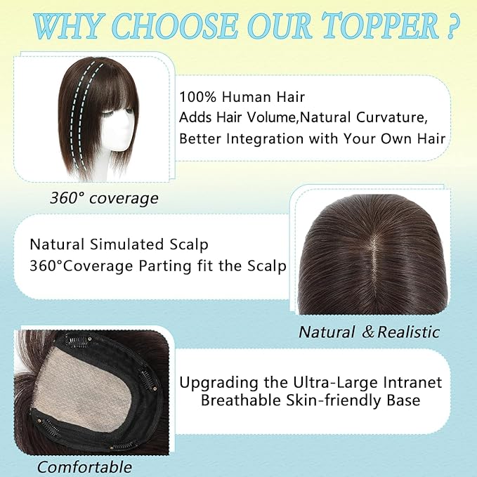 Hair Toppers for Women Real Human Hair, 360° 3D Toppers Pieces for Women with Thinning Crown Wispy Bangs 16 Inch Upgrade Big Basement (Light Brown, 16 Inch Wispy Bangs)