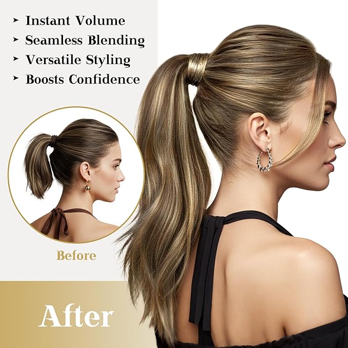 Ve Sunny Hair Extensions Ponytail Real Human Hair Wrap Around Clip in Ponytail Hair Extensions Straight Extensions Human Hair for Women Medium Brown Highlighted Caramel Blonde 20inch 80G 80G
