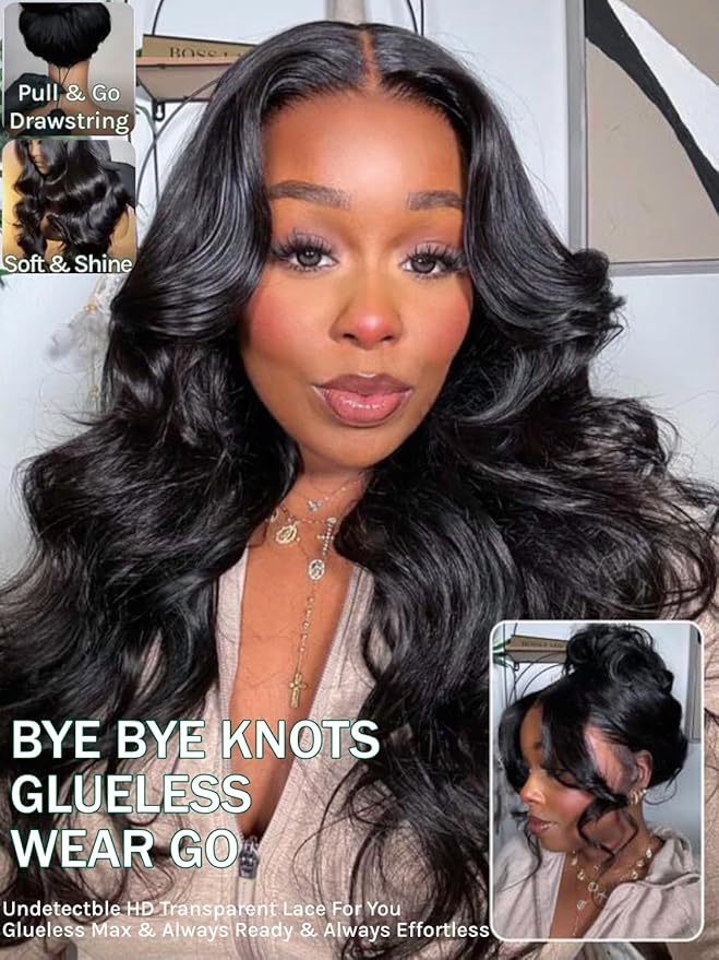 KLAIYI Loose Body Wave Pre Everything Glueless 13x4Lace Front Wig Human Hair Drawstring Precut Lace Pre Plucked Bleached Bye Bye Knots 3S Ready to Wear and Go Wig with Face Framing Curtain Bang 26Inch