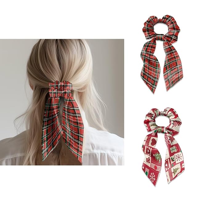 Red Plaid Hair Tie Ribbon Christmas Pack Of 2 Knotted Bow Hair Scrunchies Elastic Bow Hair Ties Lightweight Ponytail Holder for Women