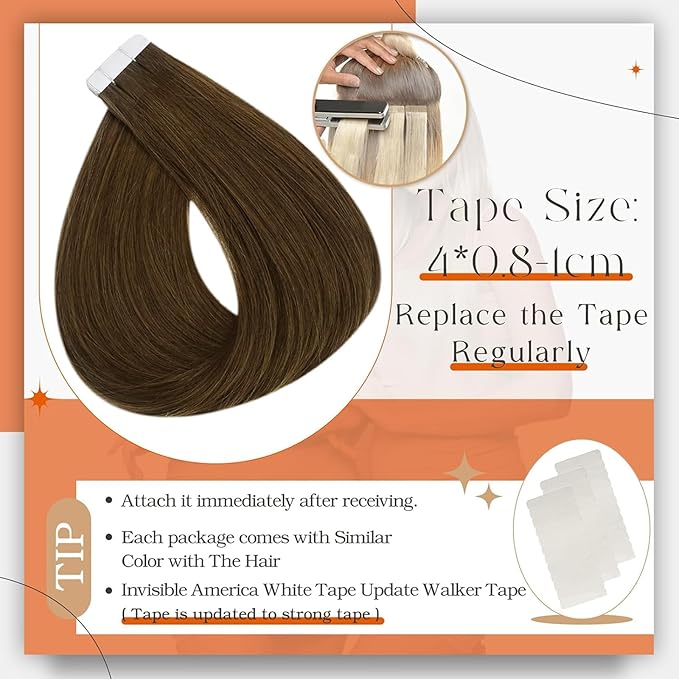 Full Shine Brown Tape in Hair Extensions Color 4 Brown Human Hair Tape in Extensions 24Inch Long Straight Extension 100G Remy Skin Weft 40Pcs Add Volume for Wedding Natural Brazilian
