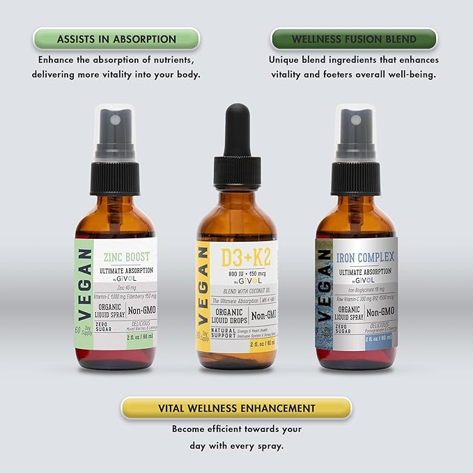 Bone Support Bundle Liquid Spray - Iron Bisglycinate Complex, Zinc Picolinate, Vitamin D3 & K2 - Complete Multivitamin - Plant- Based, Non-GMO, Gluten Free, Sugar Free 2 Fl Oz (360 Days Supply)