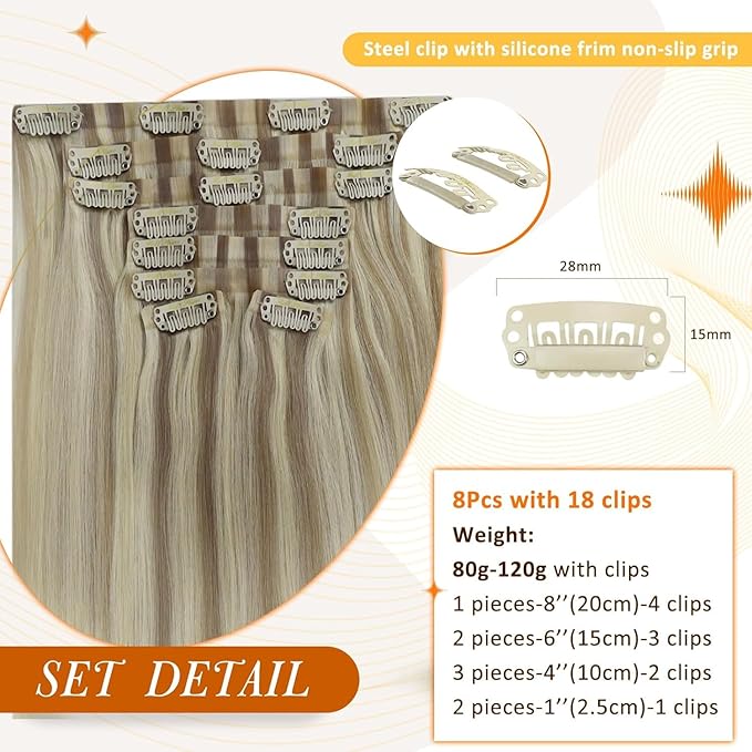 Full Shine Blonde Clip in Hair Extensions Balayage Blonde Ash Blonde Mix Platinum Blonde Human Hair Clip in Extensions 18 Inch White Clip ins Hair Extensions Ease for Use 8 Pcs 120 Grams