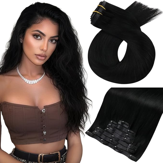 Moresoo Seamless Jet Black Clip in Hair Extensions Human Hair Black for Women Human Hair Clip in Extensions Pu Weft Invisible for Daily 135g/7pcs Thick to Add Volume 16in