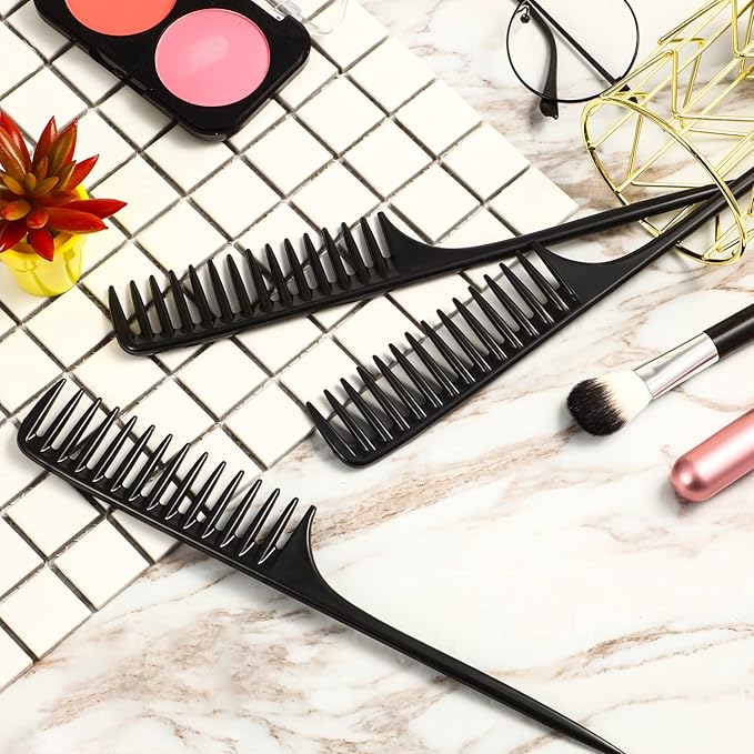 Leinuosen 3 Pack Wide Tooth Tail Combs, Black Carbon Fiber Teasing Salon Back Styling Comb Anti Static Heat Resistant, Suitable for All Kinds of Hair