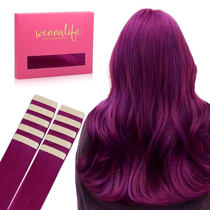 WENNALIFE Tape in Hair Extensions Human Hair Violet Tape in Extensions, 10pcs 25g 14 inch Remy Invisible Tape Ins Straight Colored Soft Real Human Hair Tape in Extensions Refill Set Extensions
