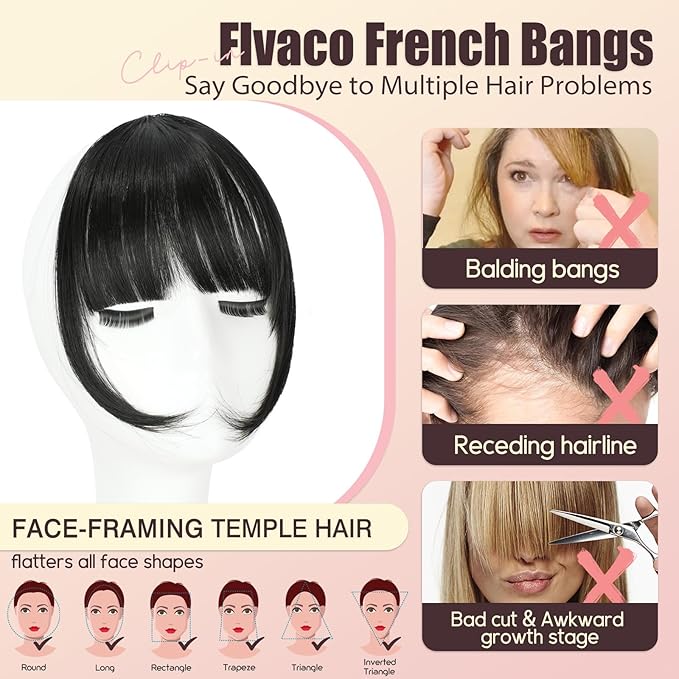 Clip in Bangs, Synthetic Wispy Bangs Hair Clip, Dark Black Fake Bangs Fringe with Temples Hairpieces for Women Natural Curved Hair Extensions for Daily Wear