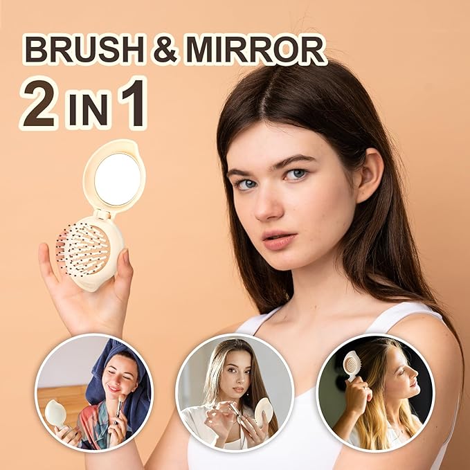 Folding Hair Brush with Mirror for Women Men and Kids，Portable Compact Hair Brush for Purse Pocket Bags, Travel Size Foldable brush with Case, Easy to Carry(Beige)