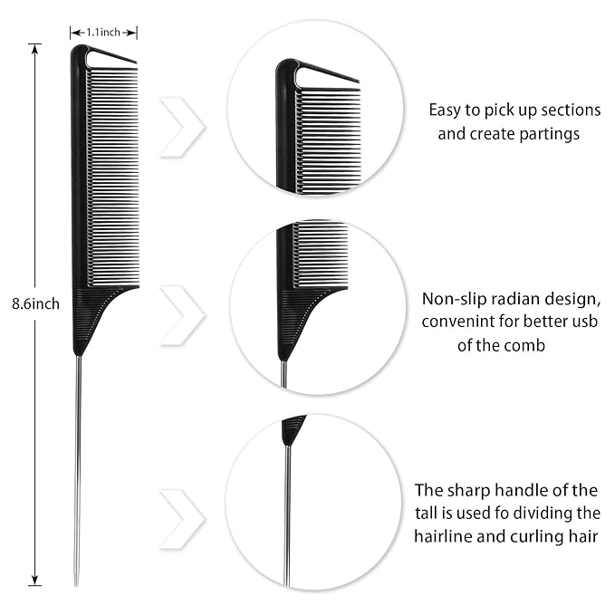 Rat Tail and Parting Combs with Styling Clips: 3 Metal Teasing Combs for Braids, 7 Professional Sectioning Hair Clips