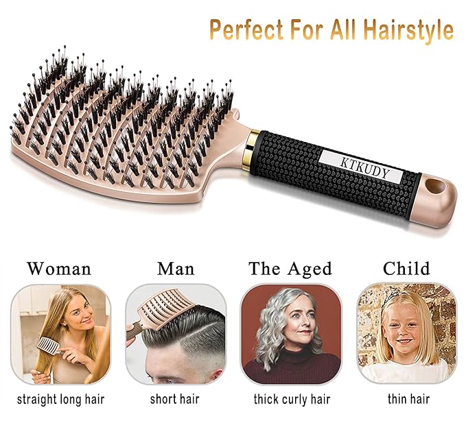KTKUDY Detangling Brush Getting Knots Out without Pain - Boar Bristles HairBrush Make Hair Shiny & Healthier Vented Detangler Brush for Women Men Kids Wet and Dry Hair (Yellow & Gold)