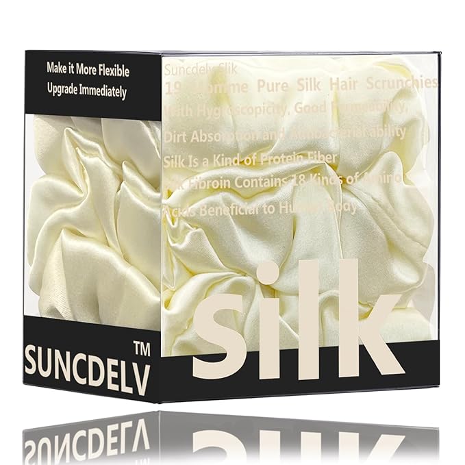Suncdelv Silk,100% Silk Scrunchies for Hair,22 Momme Hair Ties for Anti-Crease & Breakage,Natural Women Hair Accessories，Fashion Hairbands 3PCS（White)