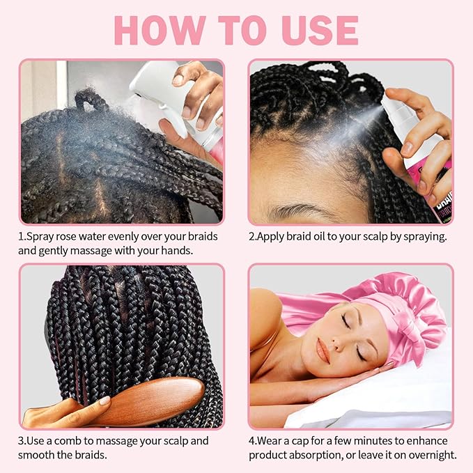 Rose Water for Hair Loc Spray Refreshing for Locs - Braid Oil for Soothes Moisturizes Dry & Itchy Scalp Braiding Scalp Oil for Twists - Loc Brush for Dreads Comfortable Massage Comb & Braid Bonnet