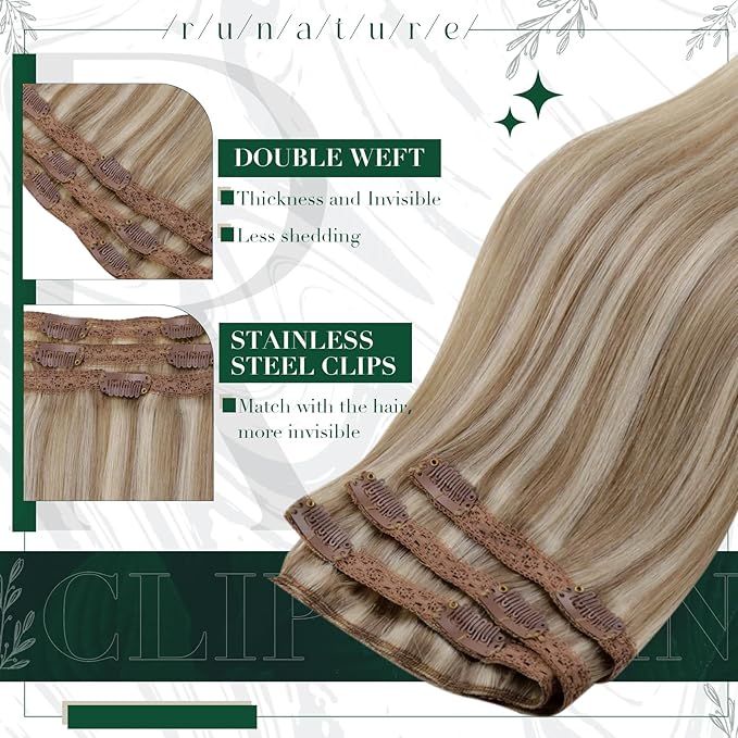 RUNATURE Brown Human Hair Clip in Extensions, 20 Inch Clip in Hair Extensions Real Human Hair, Long Hair Extensions Clip Ins, Remy Natural Hair, Add Length, 50g 3pcs #8P60 Ash Brown Highlight