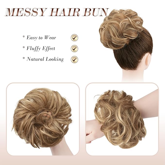 FESHFEN Messy Bun Hair Piece - Large Elastic Wavy Curly Hair Bun Scrunchies Ponytail Extensions Synthetic Chignon Hairpieces for Women, Light Brown & Mixed Blonde 1.94oz