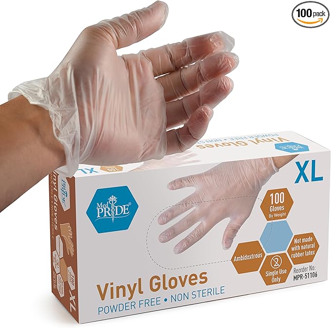Med PRIDE Vinyl Gloves| X-Large Box of 100| 4.3 mil Thick, Powder-Free, Non-Sterile, Heavy Duty Disposable Gloves| Professional Grade for Healthcare, Medical, Food Handling, and More