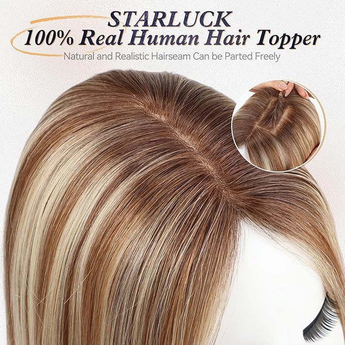 starluck Human Hair Toppers for Women Real Human Hair No Bangs 4 * 5.5 inch Base 12 inch SilkHug Hair Topper for Women Cover Grey Roots(Brown with Blonde Highlight)