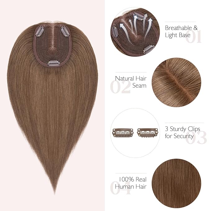 Hairro 100% Human Hair Topper No Bangs, Real Clip in Hair Hairpieces for Women, 3.94x4.72" Silk Base for Thinning Receding High Hairline, 12 Inch Dark Brown Middle Part