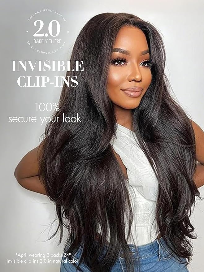 LUVME Invisible Clip in Hair Extensions, Kinky Straight Real Human Hair 16 Inch 2 Pack 220g 14pcs Clip ins Hair Extensions Natural Black for Women