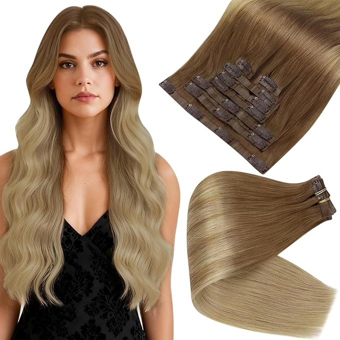 Full Shine Brown Seamless Clip in Hair Extensions Real Human Hair Brown Ombre to Blonde Hair Extensions 20 Inch for Women Hair Extension Real Human Hair PU Clip ins 120 G 8 PCS