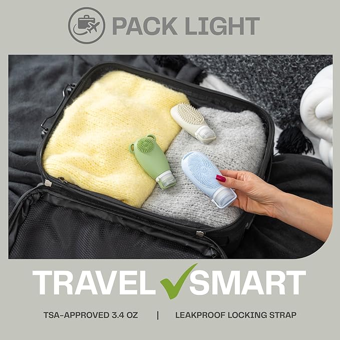 Sumina Silicone Travel Bottles 3-Pack (3.4 oz) with TSA Bag | TSA-Approved Leakproof Toiletry Containers | Refillable Shampoo Bottles with Gentle Exfoliation | Soft, Squeezable Silicone