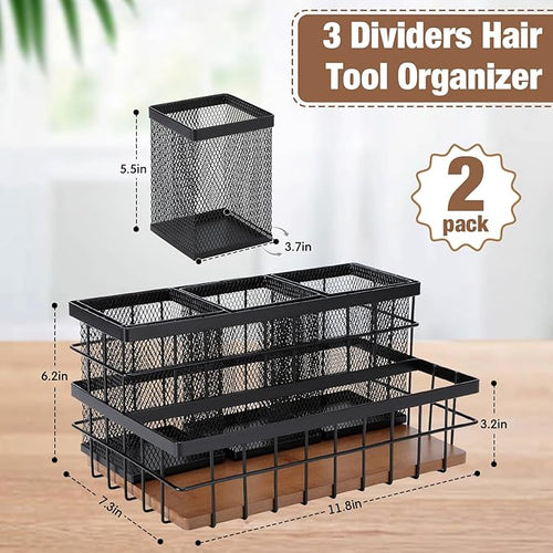 2 Pcs Hair Tool Organizer Countertop Breathable Metal & Bamboo Hot Tools Organizer Under Sink Bathroom Hair Dryer Holder Countertop Brush Comb Holder,Makeup Tray (Koa Wood,Black)