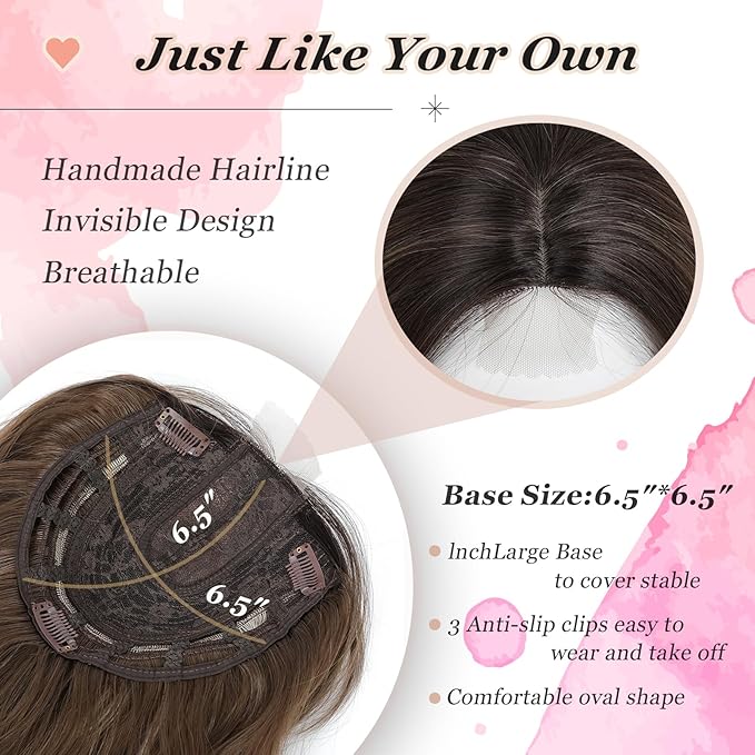 Hair Topper, 360° 3D Hair Toppers for Women with Thinning Crown, 20 Inch Long Wavy Curly Hair Pieces Clip in Bangs (Highlights Light Brown Mix Blonde with Brown Root, 20 inch, Side Bangs)