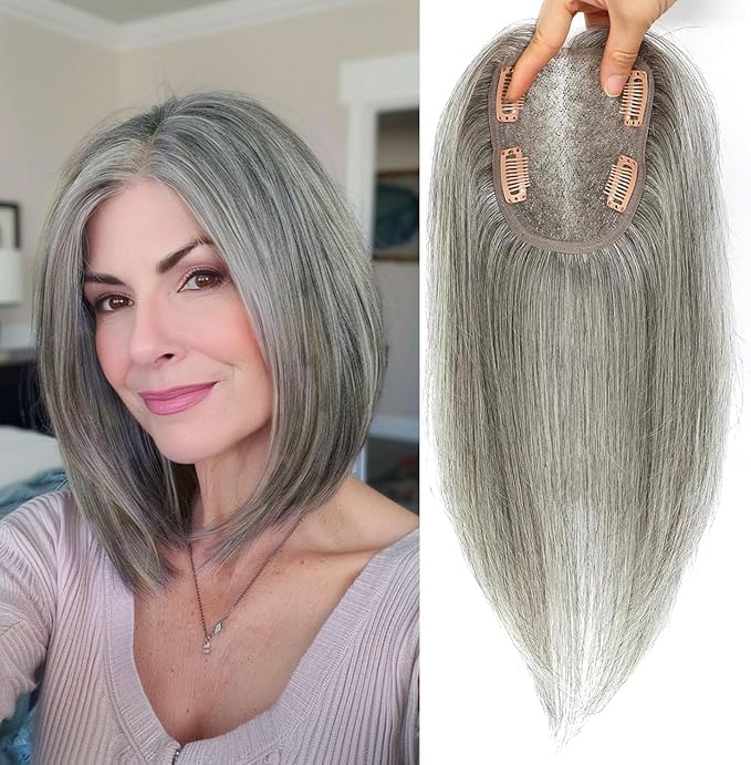 Human Hair Toppers for Women Real HairTopper with Thinning Hair 120% Density Round Shaped Swiss Base Hair Pieces 40g-Mixed Light Grey（12inch,Grey）