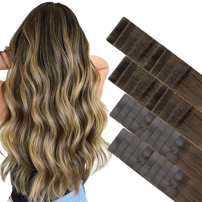 GOO GOO Invisi Edge Tape in Hair Extensions Human Hair, 4/27/4 Balayage Chocolate Brown to Caramel Blonde 20pcs injected with 20pcs classical tape ins, 10inch 60g, Virgin Remy Hair, Natural Look