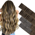 GOO GOO Invisi Edge Tape in Hair Extensions Human Hair, 4/27/4 Balayage Chocolate Brown to Caramel Blonde 20pcs injected with 20pcs classical tape ins, 14inch 100g, Virgin Remy Hair, Natural Look