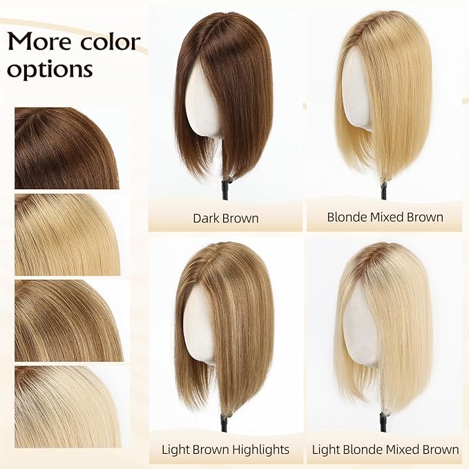 Large MONO Top Hair Toppers for Women Remy Human Hair 14 Inch 6"x7" Big Base Partial wig Cover Thinning Hair or Loss No Bangs Natural Wiglets (Blonde Mixed Brown)