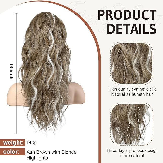 FLUFYMOOZ Ponytail Extension, 18 Inch Claw Clip Ponytail Extension, Wavy Curly Claw Clip in Ponytail Hair Extensions, Natural Ponytail Synthetic Hairpiece for Women (Ash Brown with Blonde Highlights)