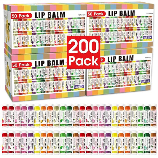 AZEN 200 Pack Lip Balm, Natural Lip Balm Bulk, Lip Care Product, Moisturizing Lip Balm for dry cracked lips - 12 Flavors