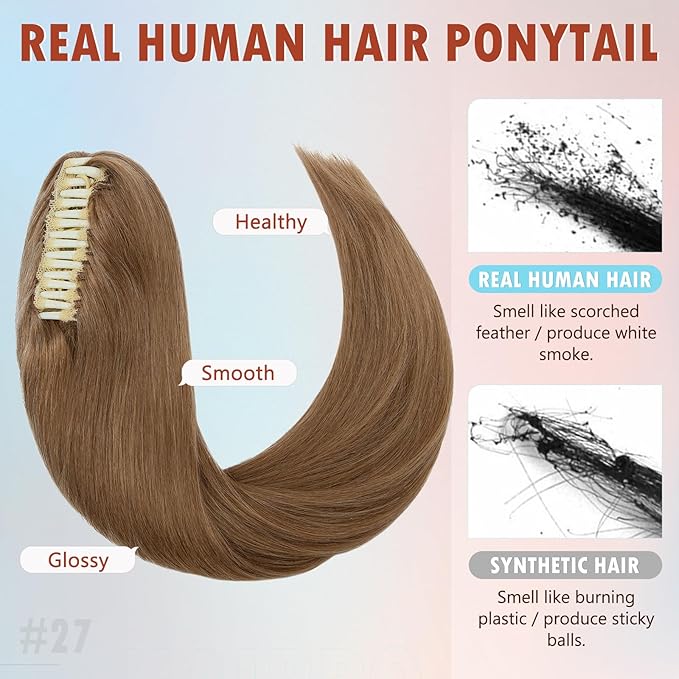 Hairro Clip On Ponytail Hair Extensions Jaw On Claw Clip Ponytails Real Hair Long Jaw/Claw Pony Tail With Clips Hairpieces For Women 22 Inch 120g #27 Dark Blonde